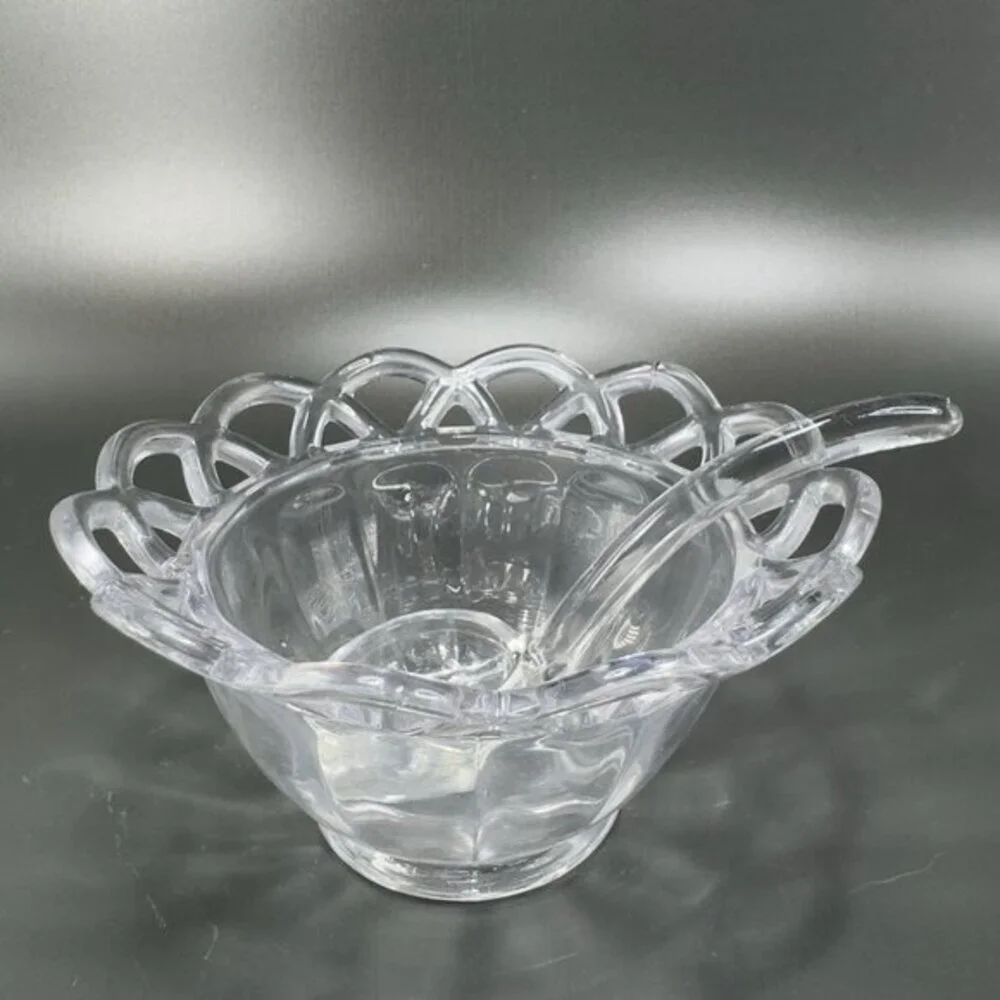 Vintage Imperial Glass‎ Clear Lace Edge Mayonnaise Bowl With Spoon Set Glass VTG